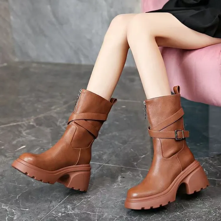 【退货补运费]秋季厚底短靴新款美拉德时搭气质粗跟厚底瘦瘦靴   