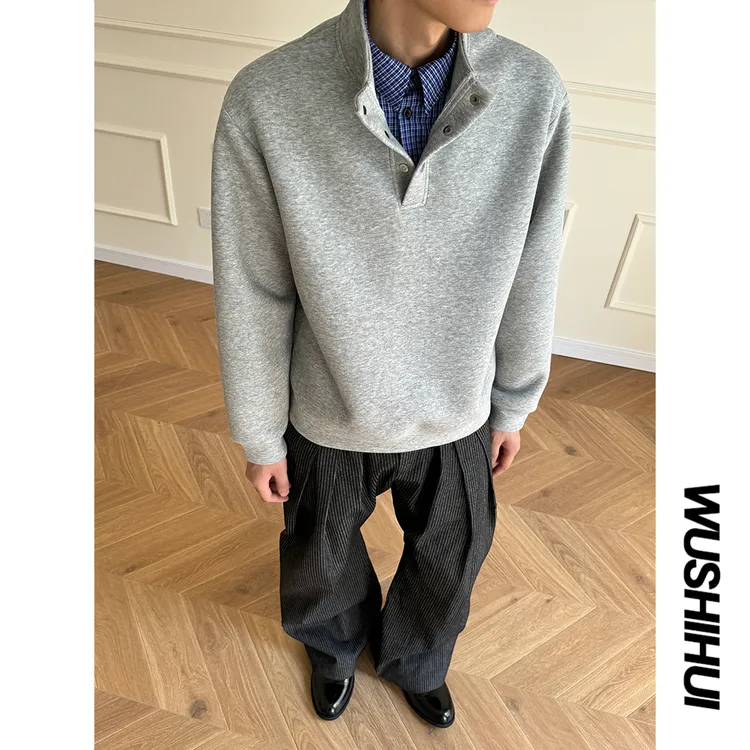 秋季新款蓝色格子假两件立领卫衣男休闲复古老钱风系外套上衣