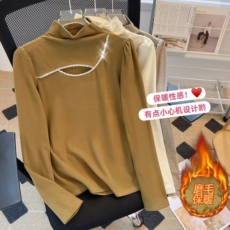 半高领磨毛加绒长袖T恤女2024秋冬新款柔软显瘦内搭打底衫上衣厚