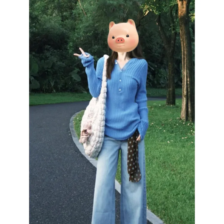 巨好看的韩系早秋穿搭蓝色V领毛衣开衫女秋冬慵懒风针织外套上衣