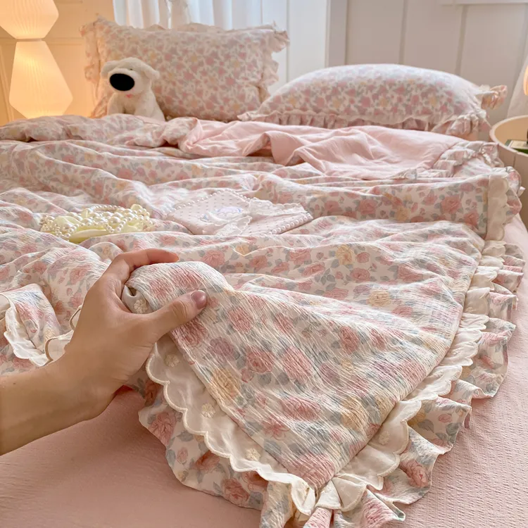 奶油风夏被双层纱四件套2025新款皱皱纱花边床单卧室床上宿舍
