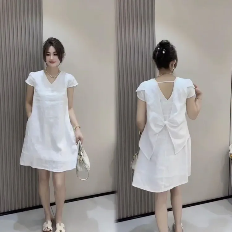 轻奢休闲简约v领棉麻中长款连衣裙夏爆款大码美背蝴蝶结裙子