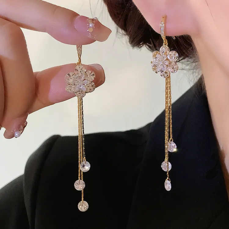 铜合金合成锆石耳饰 层次感精致甜美超仙花朵长流苏挂钩耳坠1552