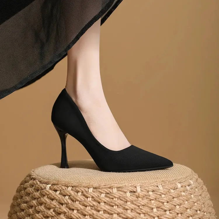 法式高跟鞋女2025年新款透气不累脚礼仪职业工作鞋尖头黑色单鞋