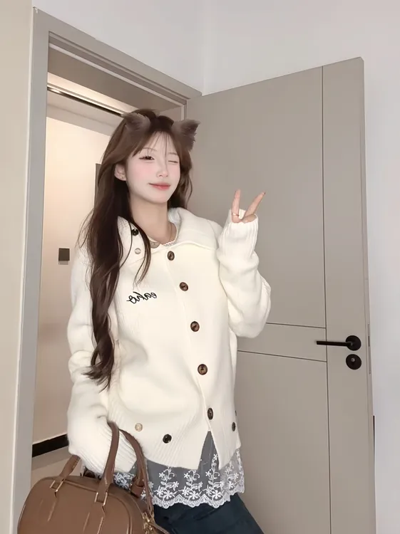 【650高克重】慵懒风翻领毛衣外套女秋冬新款小个子宽松针织开衫潮