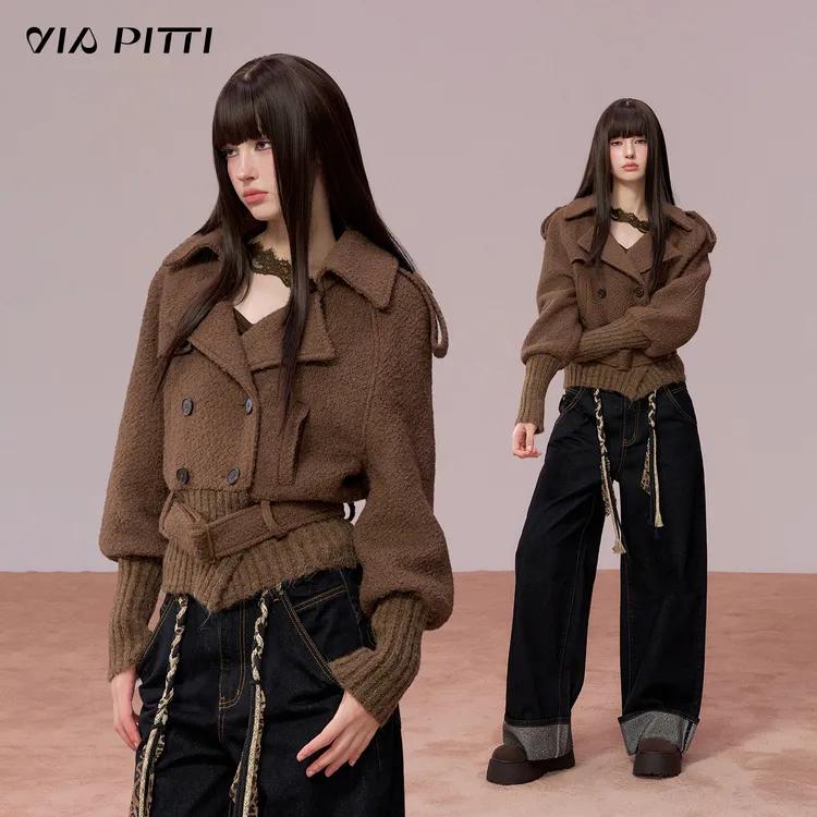 ViaPitti【官方专属】重工毛织毛衣拼接设计感夹克大衣VIADC735