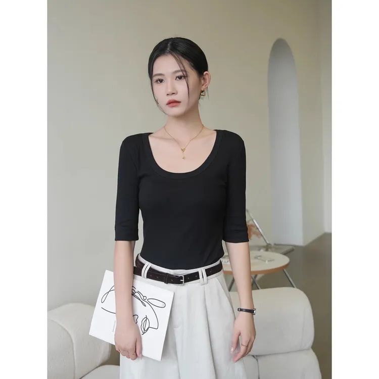 黑色简约短袖t恤女2025新款秋五分袖高级感内搭打底衫中袖u领上衣
