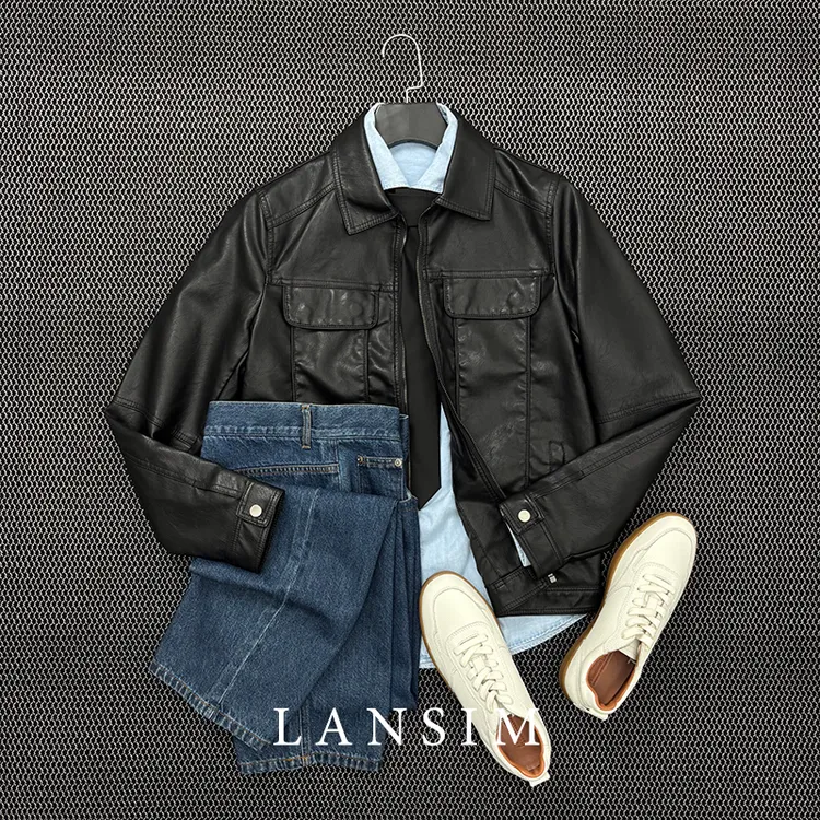 LANSIM·秋冬新款美式复古翻领皮衣外套男时尚多口袋百搭皮夹克