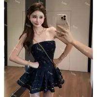 思瑶【京城贵女】烫钻牛仔收腰吊带抹胸连衣裙搭有纽扣开衫#1112