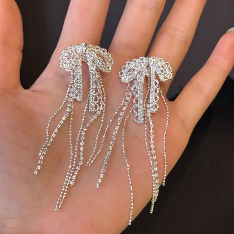 黄铜耳饰 蝴蝶结轻奢碎钻流苏耳饰仙女两戴式气质耳环