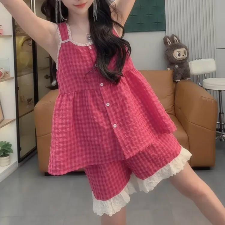 夏季减龄格子吊带短裤睡衣可外穿甜美少女风家居服