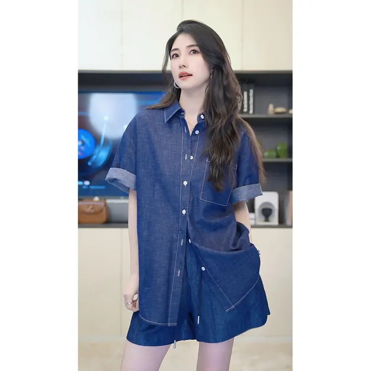 小乖逃X休闲时尚复古衬衣藏蓝衬衫短牛仔单口袋百搭上衣M8802