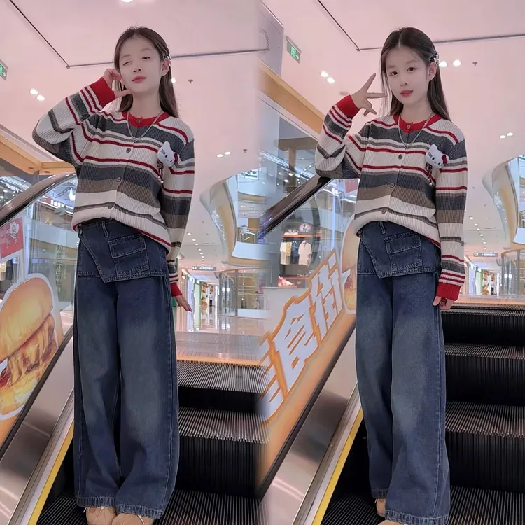 女童秋季新款套装中大童针织韩版毛衣女孩休闲时尚显瘦百搭牛仔裤
