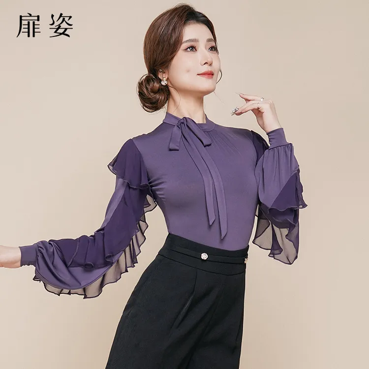 扉姿 摩登舞服女冬季新品荷叶边长袖连体衣交谊舞练功服上衣F1222