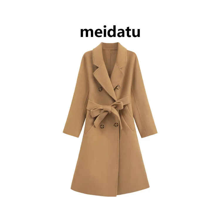 美哒兔（年度大衣）气质经典款翻领双排扣绑带长款大衣CK2929