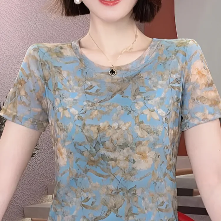 【圆领/V领】双层网纱短袖T恤女印花网红碎花打底衫显瘦A2115