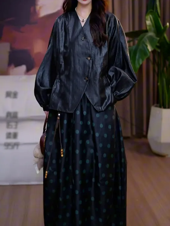 时尚洋气高级感裙套装2025秋季新款宽松遮肉长袖衬衫+印花半身裙