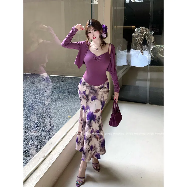 萌面侠肉肉怡 现货【紫雪肌言】花色浪漫三件套吊带开衫鱼尾半裙907