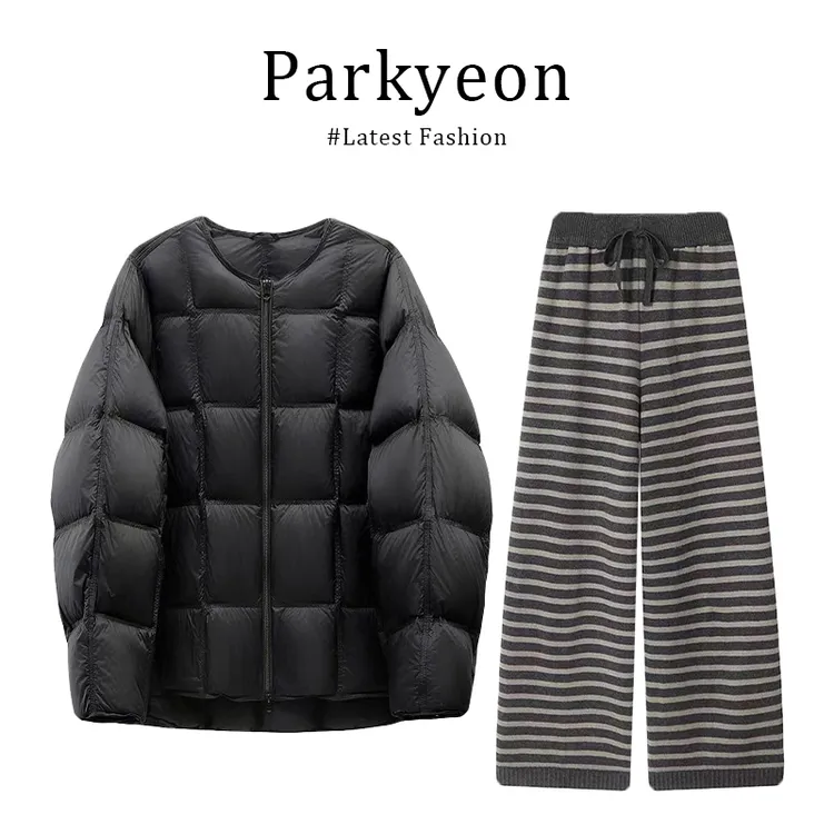 韩系圆领棉服条纹休闲裤套装女2025春秋新款棉衣外套阔腿裤两件套