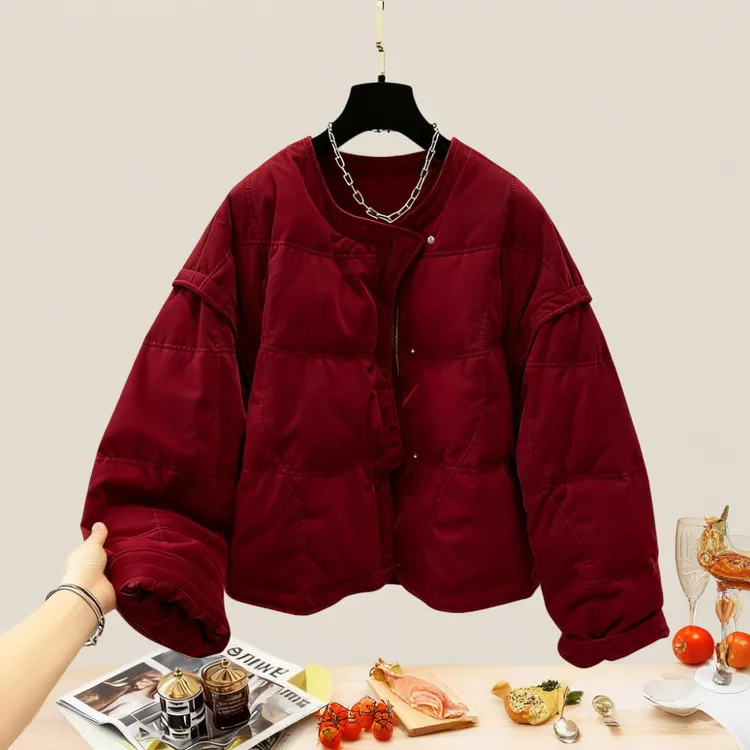 2025冬季新款复古风酒红色丝绒拼接棉服保暖小众时髦通勤风面包服