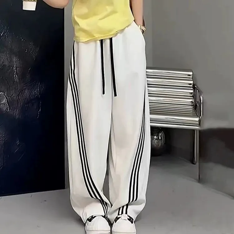 系带新款侧边条纹秋款长裤女春秋季松紧显瘦直筒运动休闲阔腿裤子
