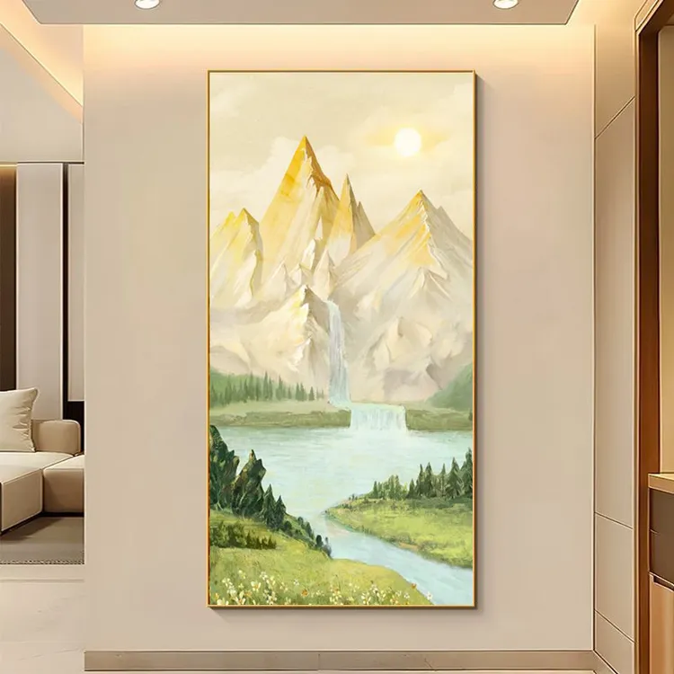 北欧奶油风玄关装饰画现代走廊过道尽头风景画挂画入户进门壁灯画