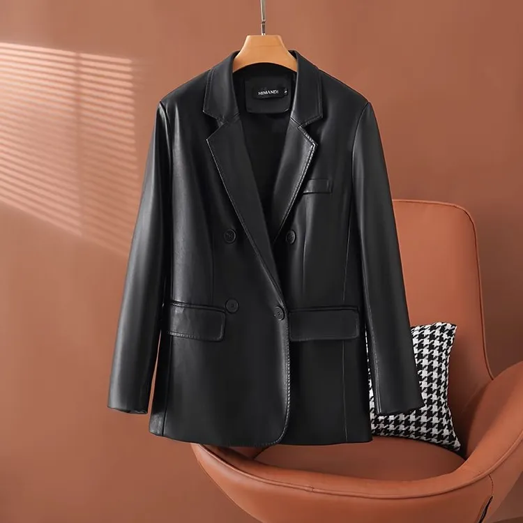 2025新款高级感时尚气质海宁真皮小西装外套女短款黑色绵羊皮皮衣