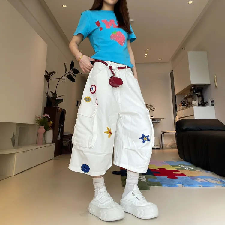 星星毛巾刺绣工装白色七分裤女夏季薄款美式多口袋短裤阔腿宽松