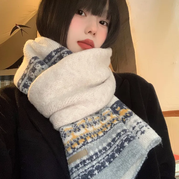 2025新款费尔岛提花针织围巾女秋冬季保暖加厚防寒高级感护颈围脖