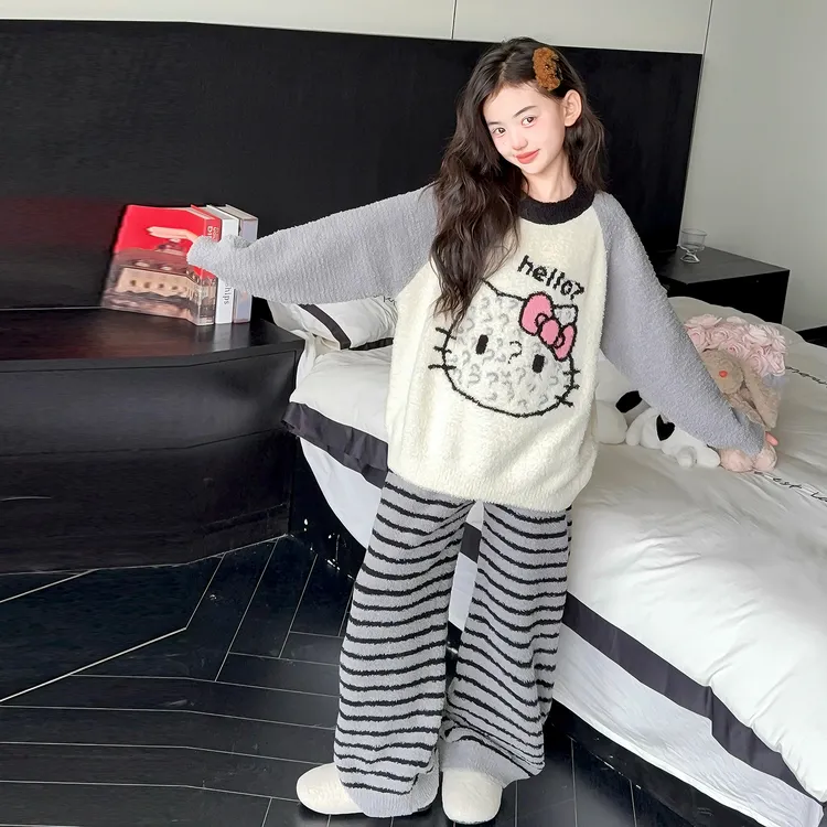 女童双面绒家居服套装2025新款中大儿童公主秋冬长袖法兰绒两件套