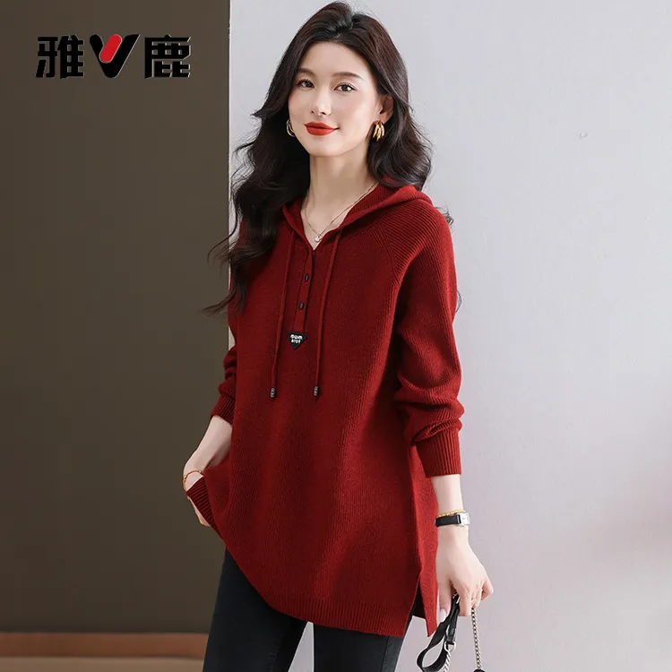 雅鹿连帽衫卫衣毛衣女秋冬中长款打底衫宽松大码女装羊毛衫妈妈装