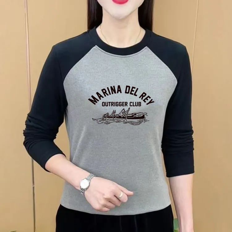女士纯棉长袖t恤女春秋新款韩版宽松体恤百搭休闲圆领印花打底衫