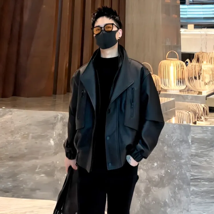 法尔利格高端潮牌夹克痞帅翻领双领款皮衣男个性时尚磨砂质感外套