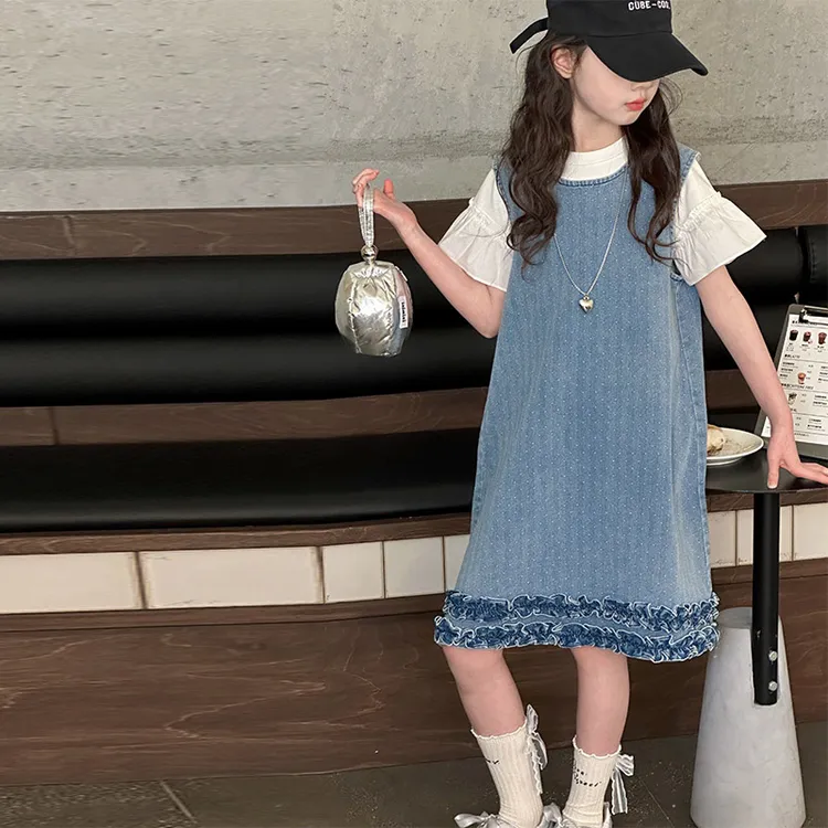 女童夏装牛仔连衣裙2025新款薄款牛仔裙夏季女大童背心两件套裙子