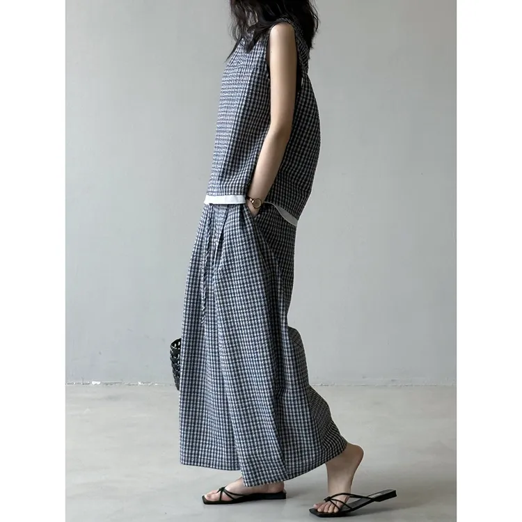  韩系格纹背心假两件套装女 夏季宽松阔腿休闲裤2件套