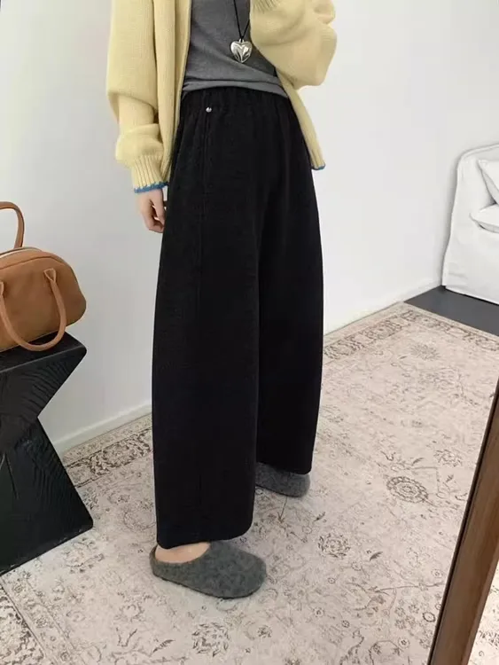 高腰秋冬松紧腰阔腿裤MM冬天裤子冬季女款韩版休闲裤九分裤口袋