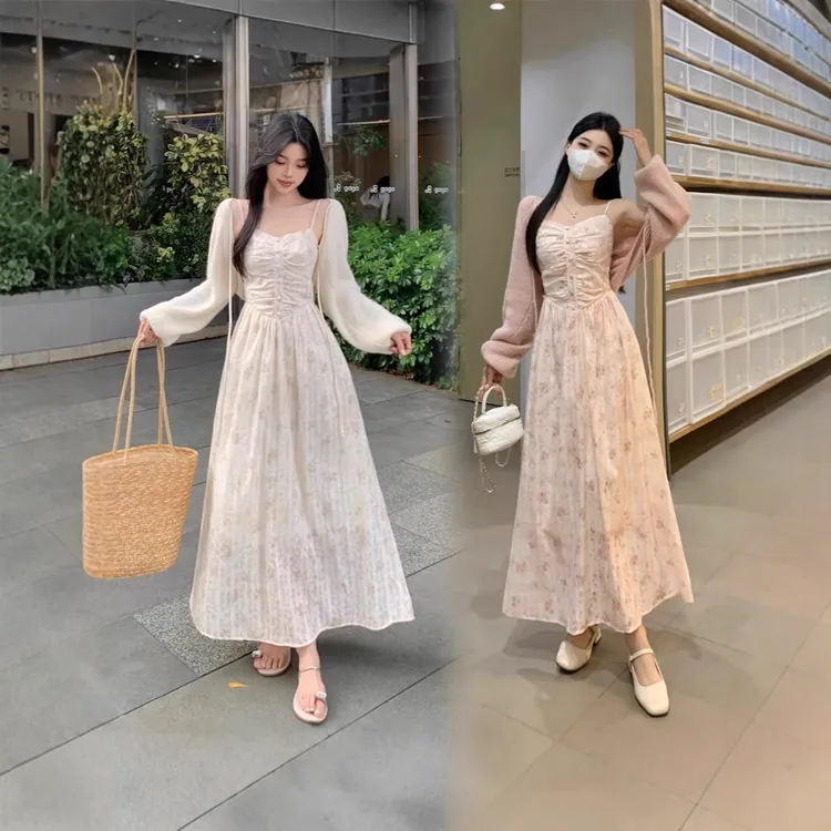 2025大码设计感小众度假风提花面料收腰显瘦碎花连衣裙开衫两件套