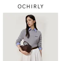 欧时力澳大利亚100%美丽诺羊毛字母提花毛衣秋新品