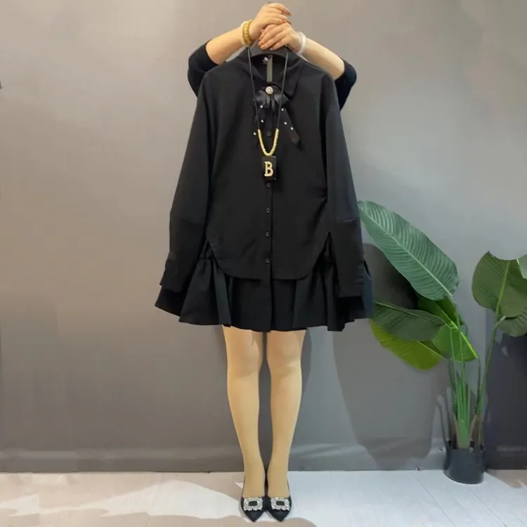 胖妹妹新款蝴蝶结领结设计感韩系减龄荷叶边显瘦衬衫连衣裙ins风