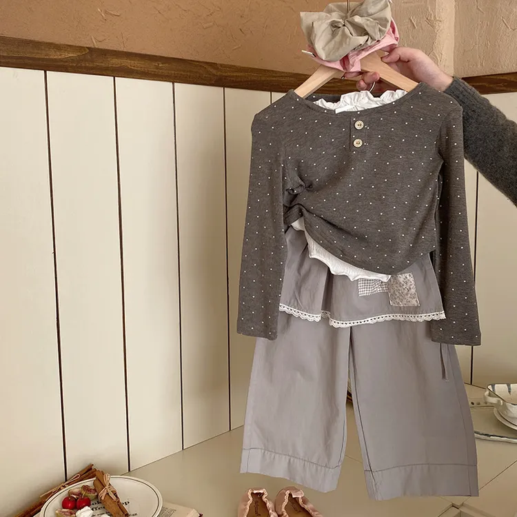 韩版女童假两件波点上衣2025春季新款花边拼接屁帘宽松直筒裤套装