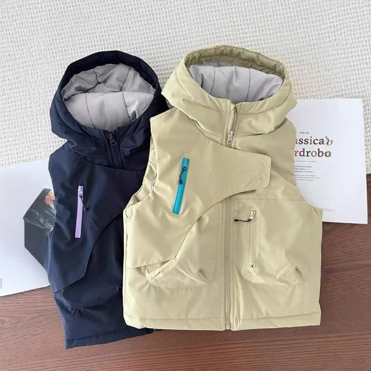 儿童加厚棉马甲~秋冬季男童防水防风保暖坎肩中大童连帽拉链马夹