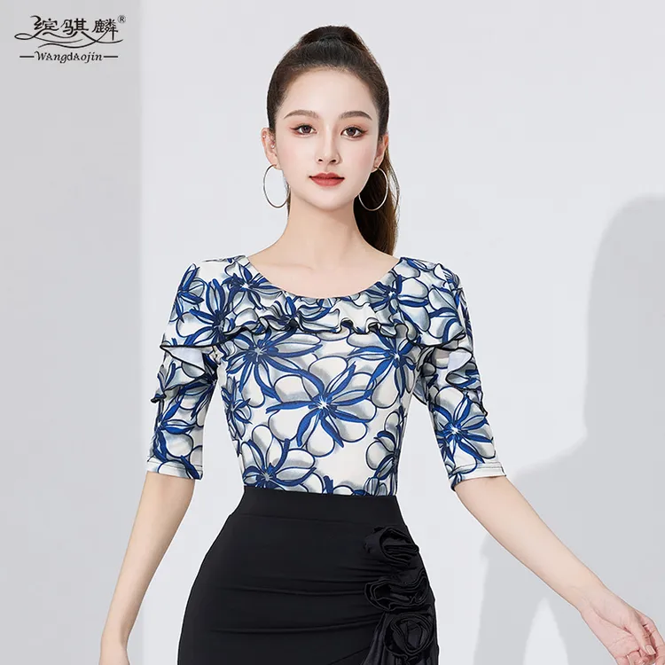 拉丁舞上衣女新款印花荷叶边舞蹈练功服中袖高端洋气摩登舞跳舞衣