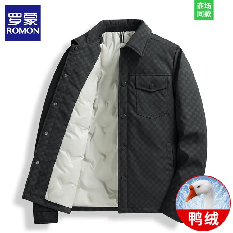 罗蒙秋冬季羽绒服男款冬装棋盘格2025年新款翻领夹克工装加厚外套