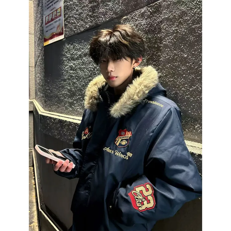 藏青色徽章刺绣毛领飞行棉服夹克男冬季潮牌高级感短款派克服外套