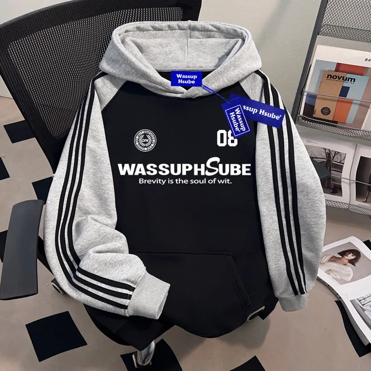 WASSUP HSUBE撞色拼接三条杠连帽卫衣男士重磅宽松潮酷青少年上衣