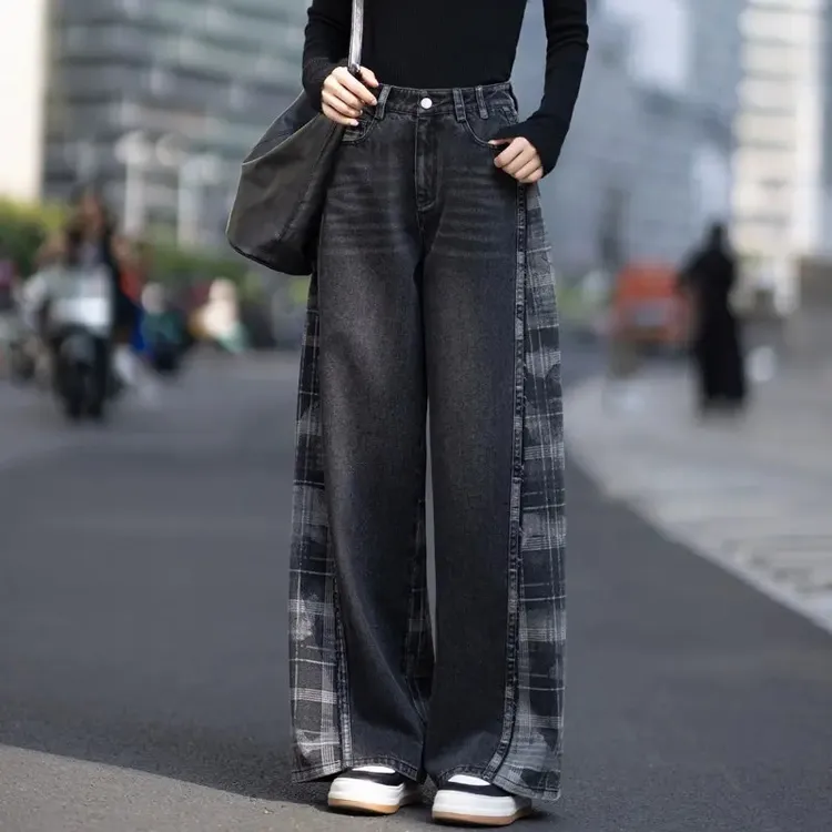 黑格子牛仔裤女2025秋冬加绒设计感撞色格纹气质阔腿裤高腰直筒裤