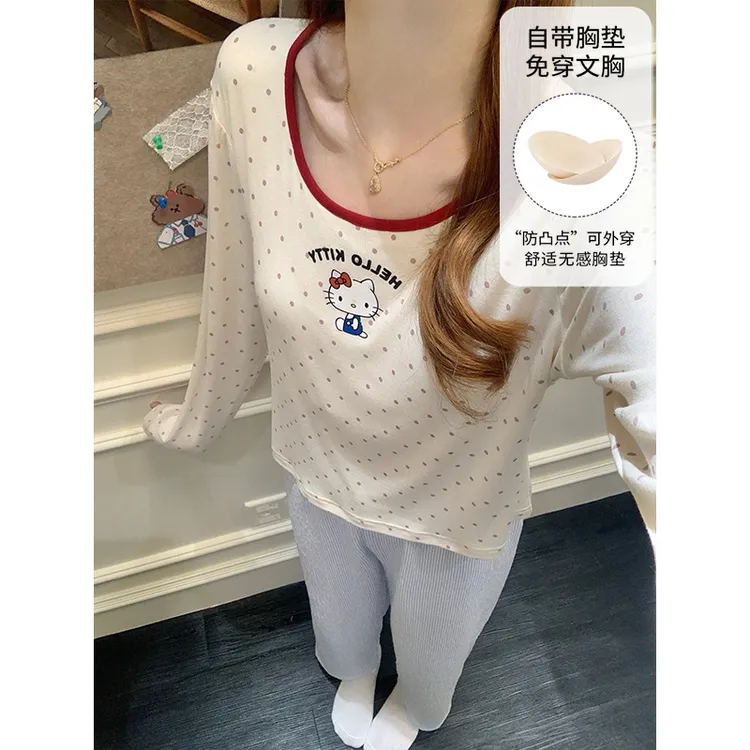 【甜酷Kitty】2025新款睡衣女带胸垫春秋季长袖甜美修身显瘦家居服