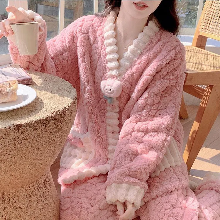 FAVMARTHA开衫领睡衣女秋冬加厚加绒甜美小香风少女家居服套装珊