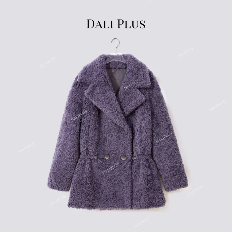 DALI PLUS“紫大衣收腰颗粒毛”100羊毛中长款毛毛外套-D5SC0023