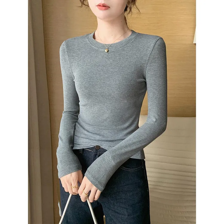 暗灰色圆领打底衫女内搭春秋季2025新款修身螺纹加绒加厚长袖上衣